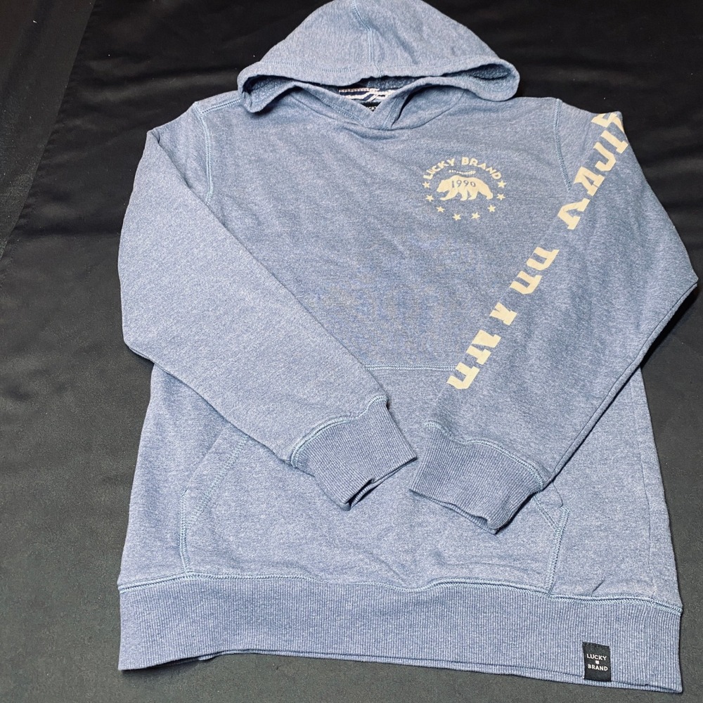 Lucky Brand Boys Hoodie Blue Heather Bear Graphic Pullover Size L 14/16